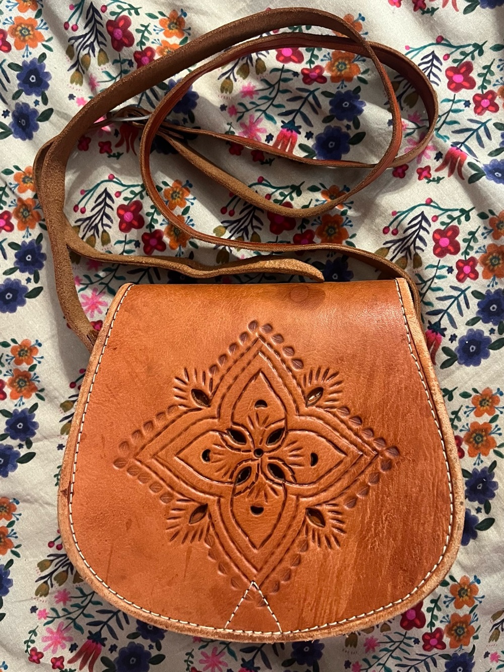 Vintage Hand Tooled Brown Leather Crossbody Saddle Flap Bag